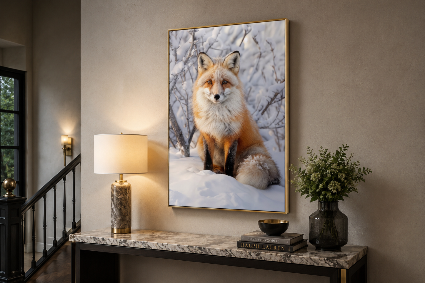 Fox in Snow Photography Style Framed Canvas Wall Art
