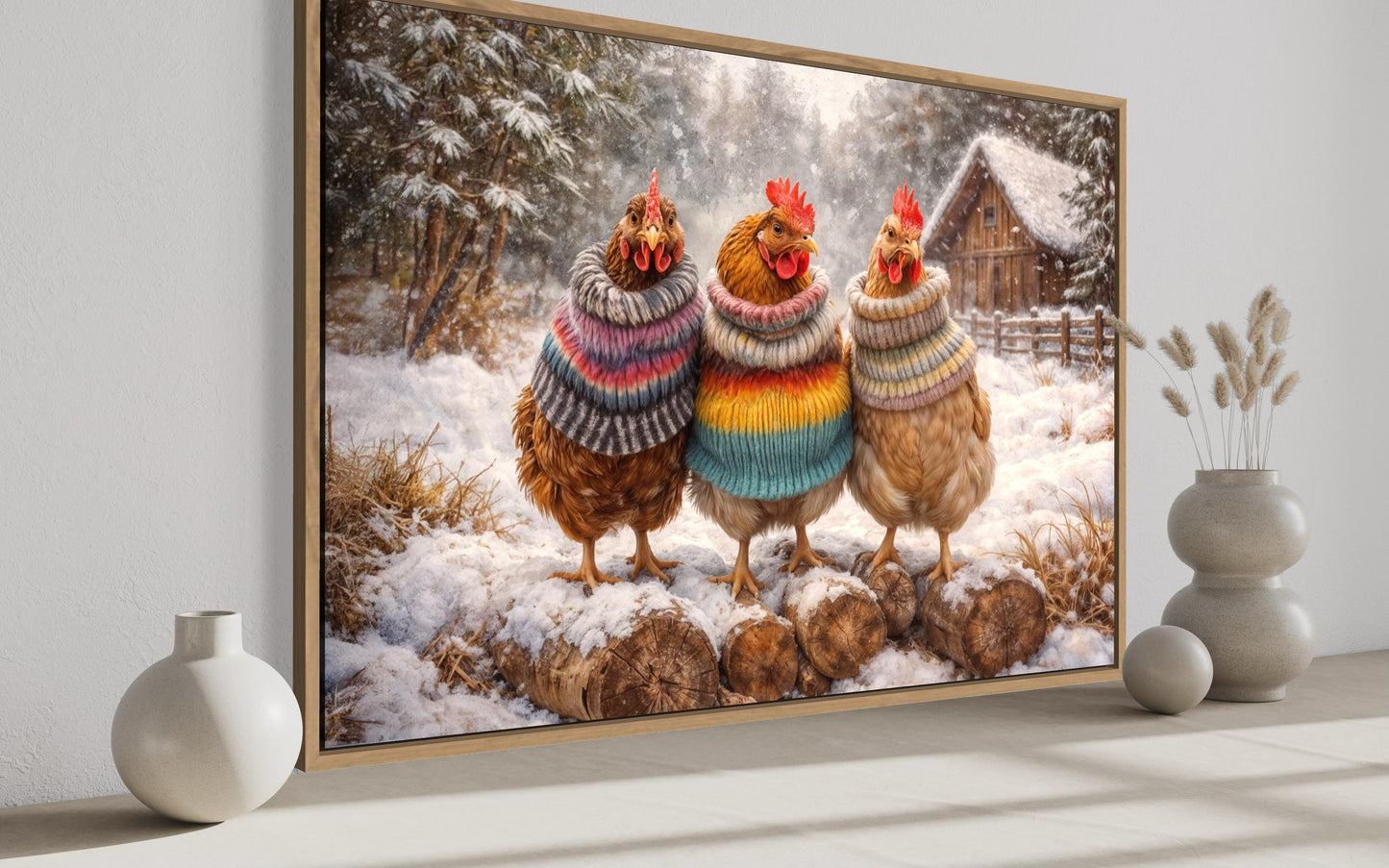 Framed Chicken Print With Cozy Animal Sweaters Farmhouse Kitchen Wall Art