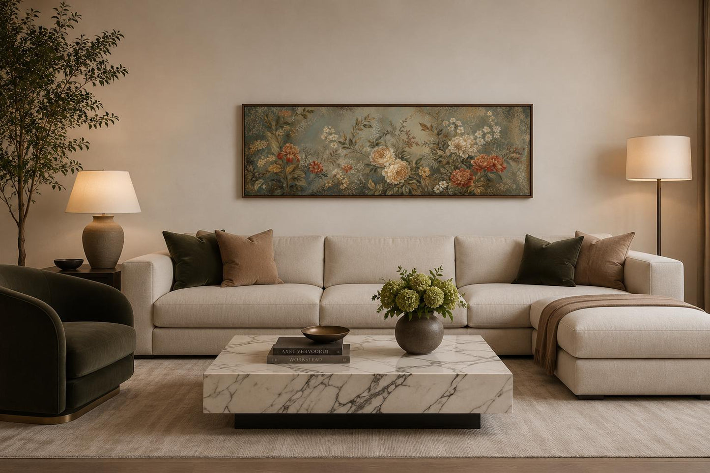 Framed Floral Tapestry – Vintage Botanical Wall Art With Sage Green & Rust Flowers Long Narrow Above Bed Decor