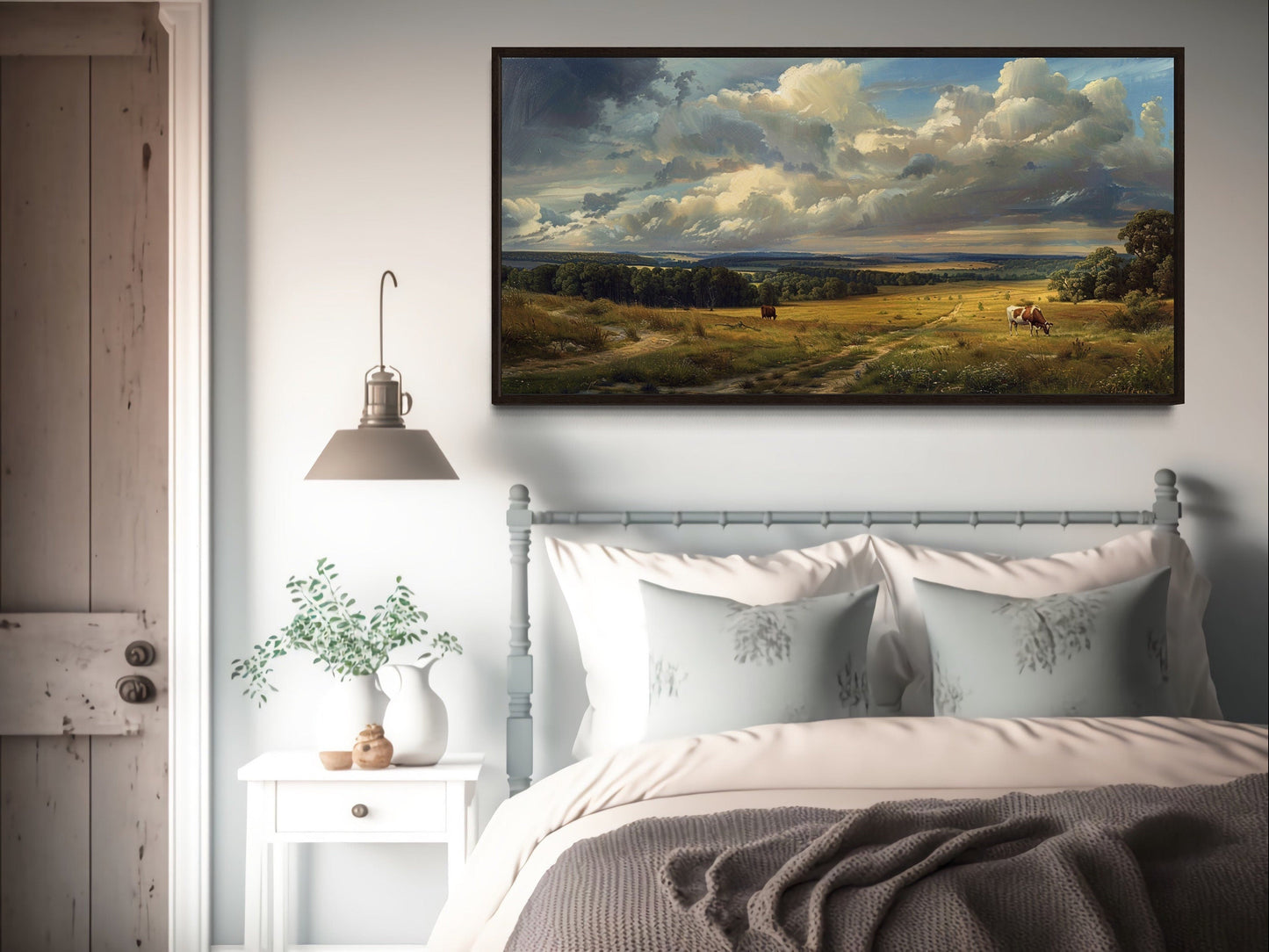 Framed Vintage Pastoral Landscape With Cows Canvas Wall Art