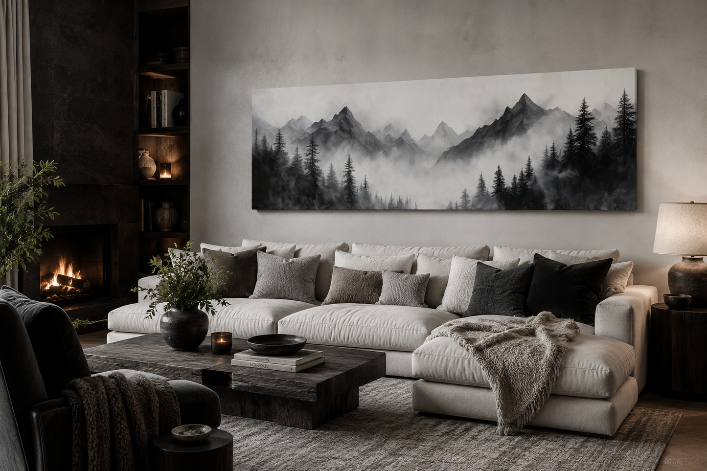 Black And White Watercolor Foggy Mountain Forest Long Horizontal Wall Art