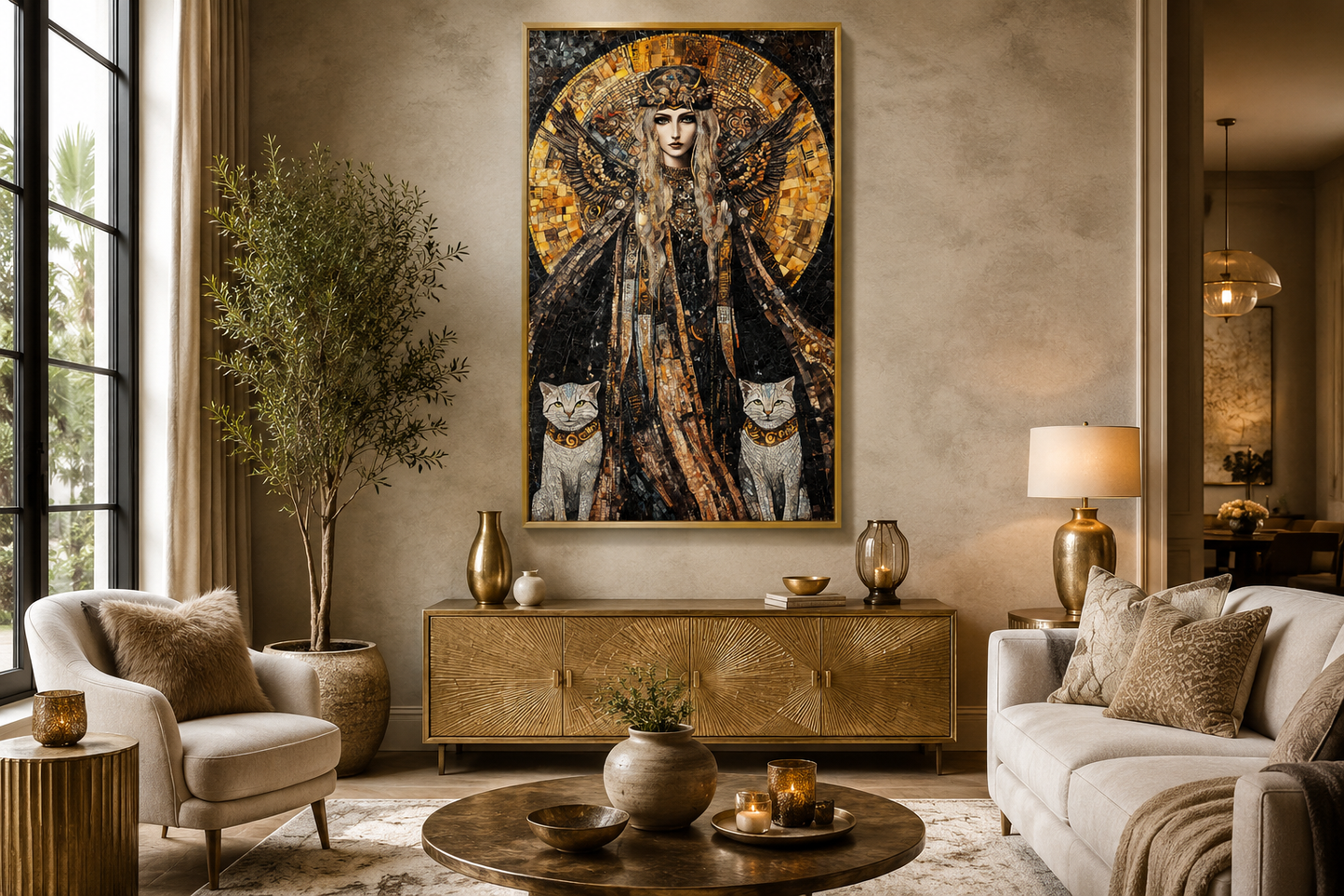 Freya Norse Goddess With Her Cats Mosaic Painting Canvas Wall Art