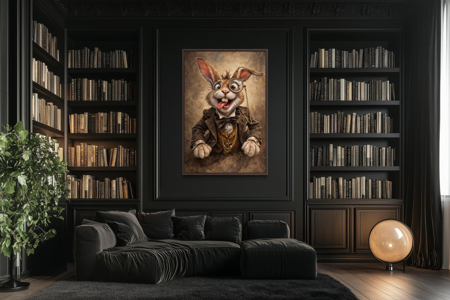 Funny Bunny With Monocle Wall Art – Victorian Rabbit Portrait | Library Wall Decor
