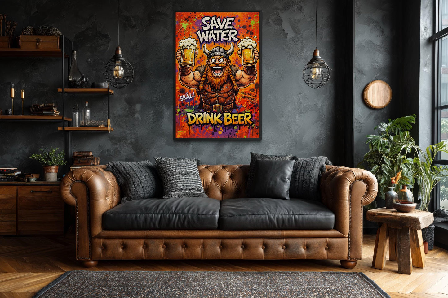 Funny Viking With Beer Wall Art – Save Water Drink Beer Canvas Print For Man Cave Or Bar