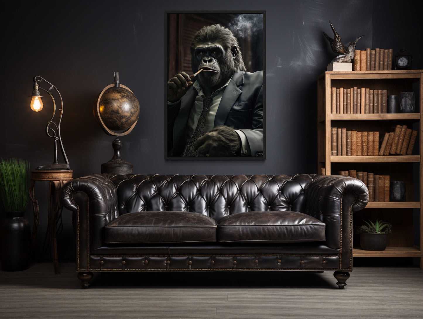 Gangster Gorilla In Suit Smoking Cigar Framed Canvas Wall Art For Mens Office