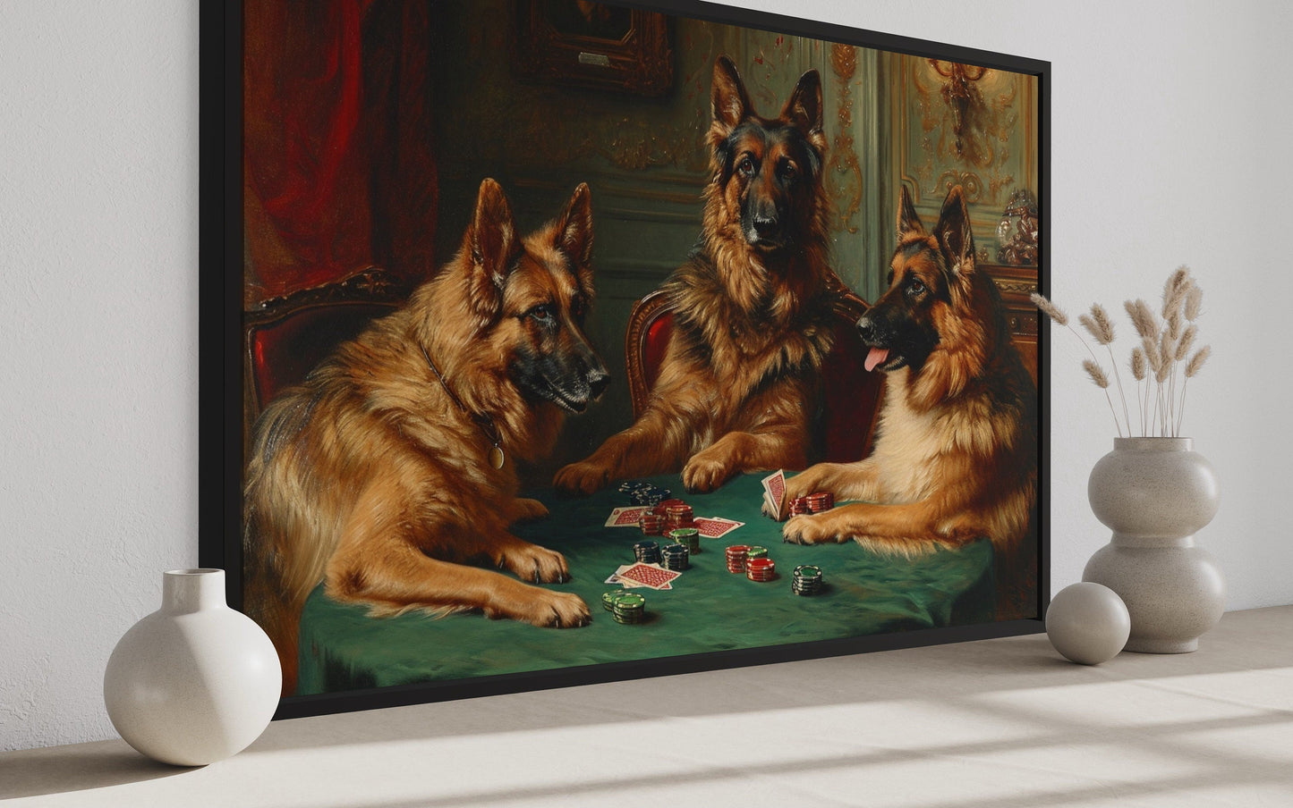 German Shepherds Dogs Playing Poker Framed Canvas Wall Art