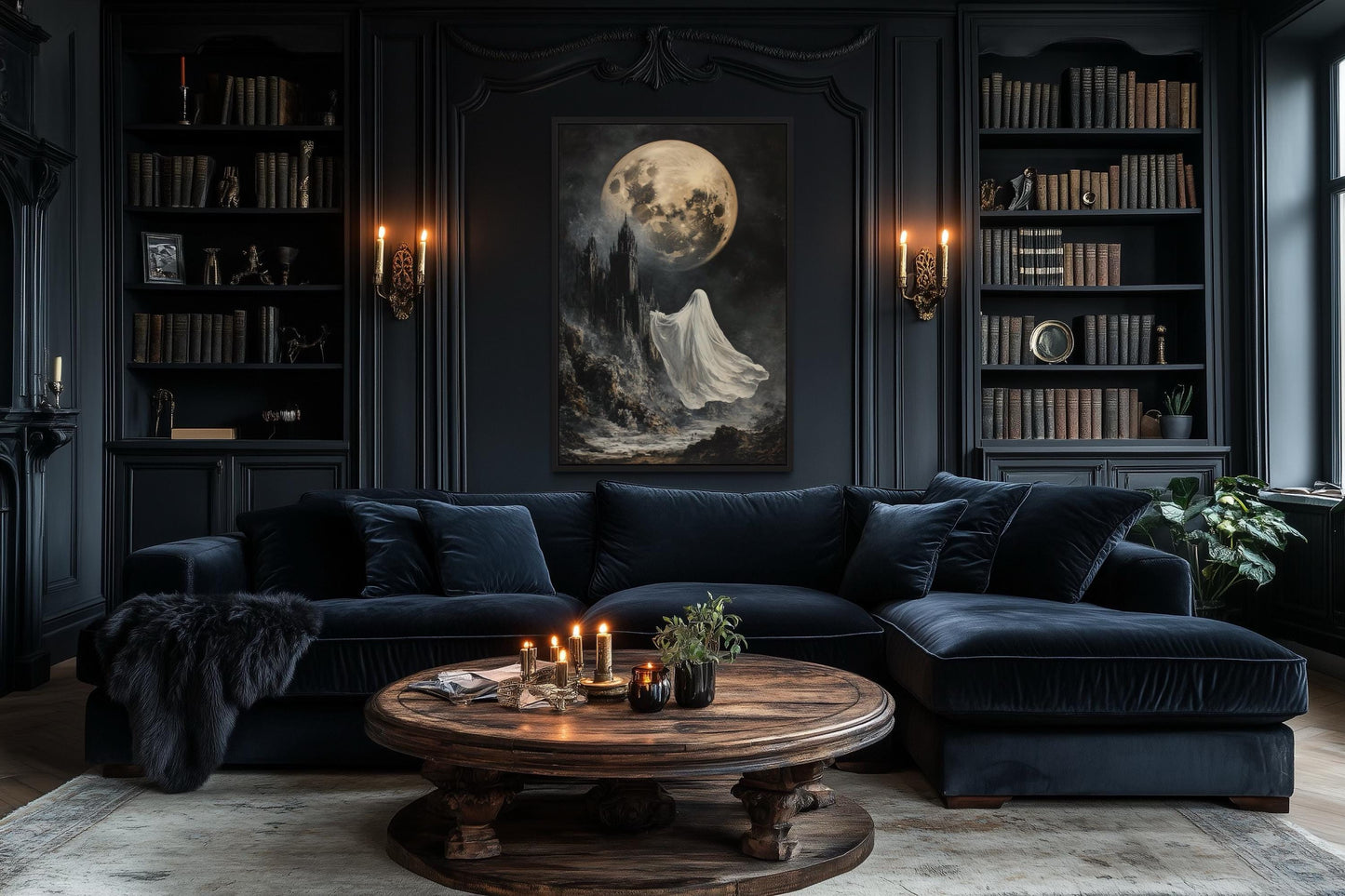 Ghost Floating Toward Gothic Castle Under Giant Moon Halloween Wall Art