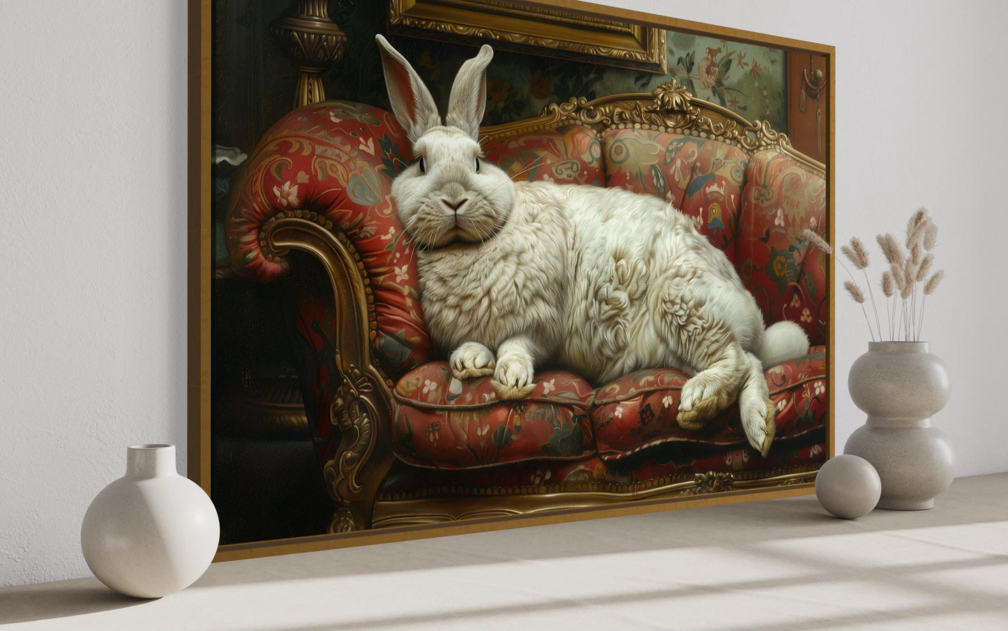 Giant Fat Bunny Lounging On Ornate Victorian Sofa Canvas Wall Art