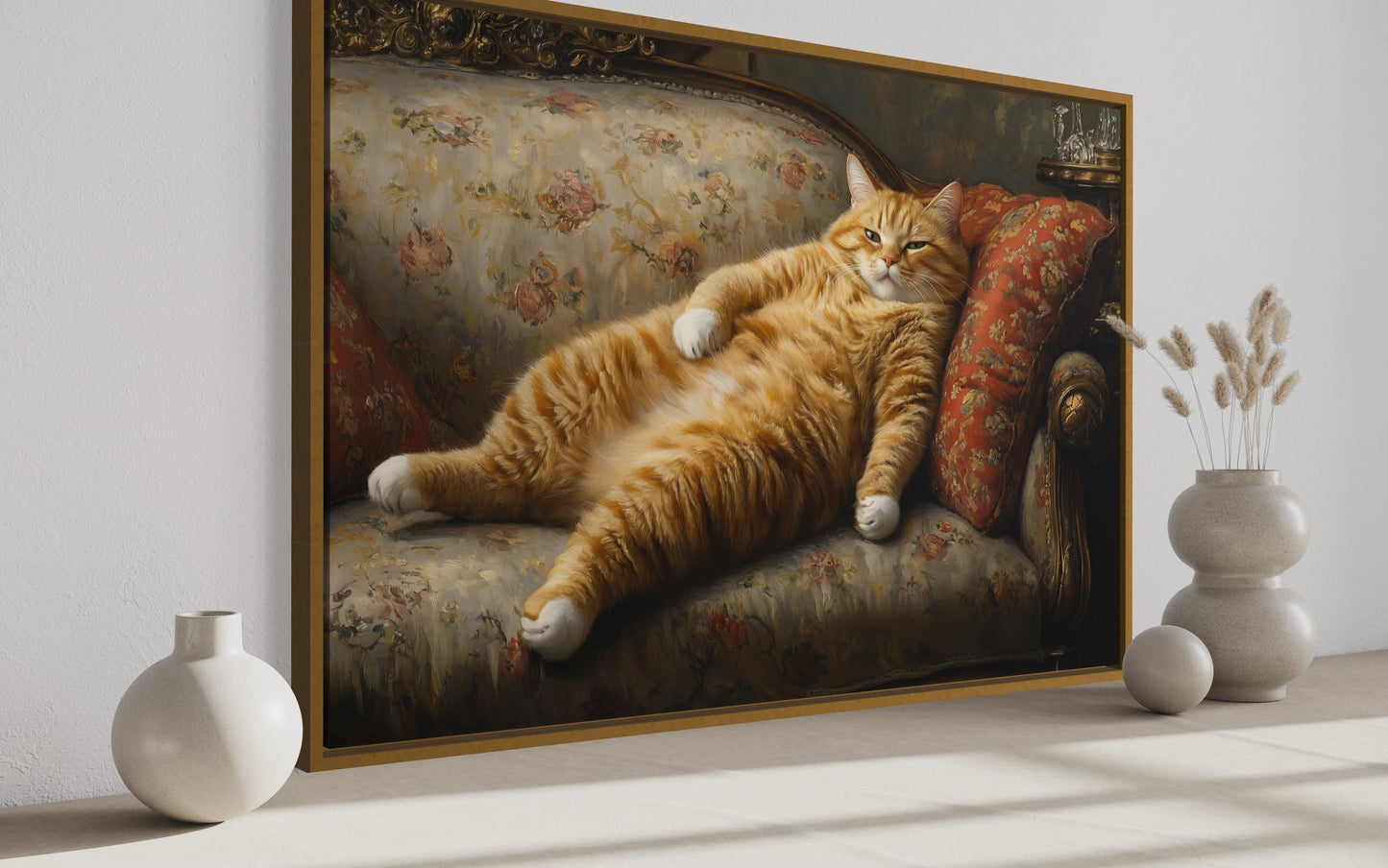 Giant Fat Orange Cat Wall Art Lounging On Victorian Sofa Wall Art