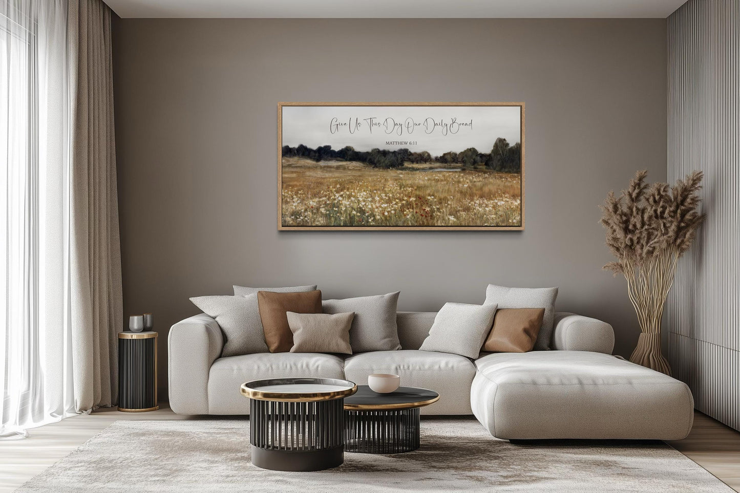 Give Us This Day Our Daily Bread, Matthew 6 11 Christian Scripture Wall Art on Rustic Wildflowers Field Landscape
