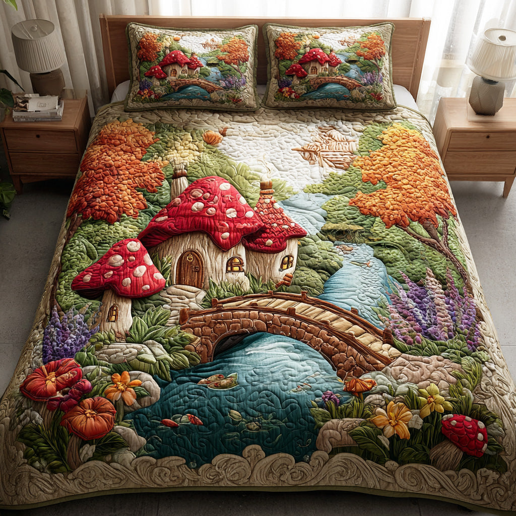 Glowing Mushroom Pathway 3-Piece Quilted Bedding Set - Single (59" x 70")