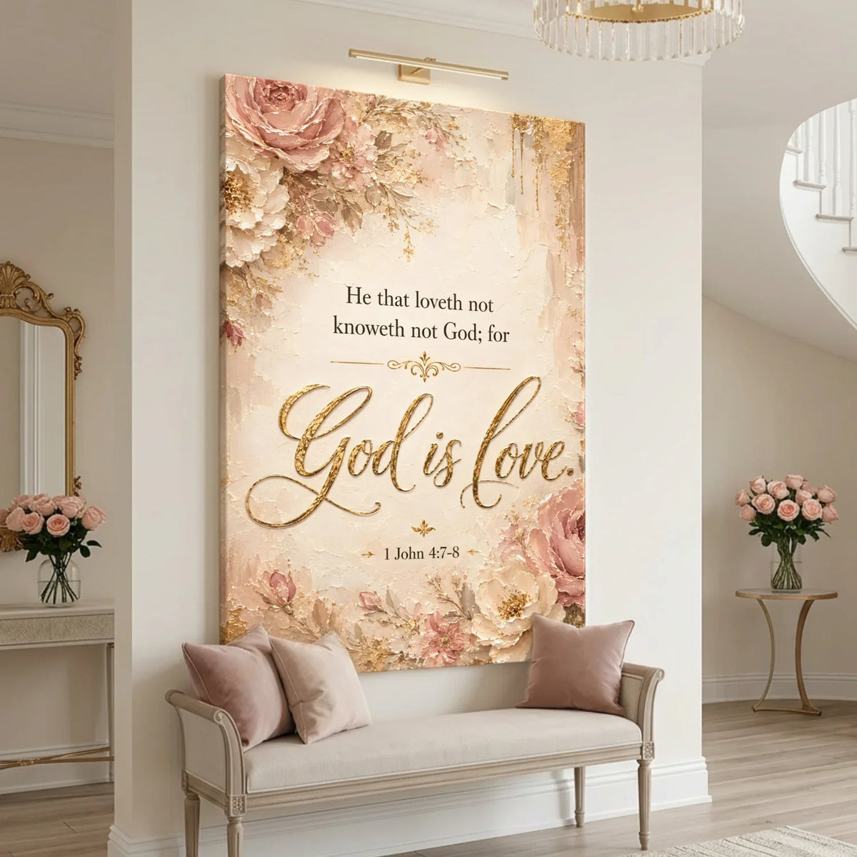 Decorative wall art with floral design and inspirational quote in a home setting.