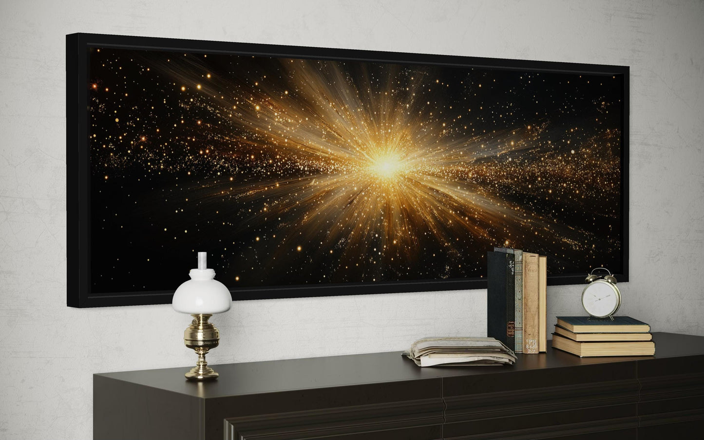 Gold Starburst Wall Art, Abstract Black Gold Light Explosion Painting Above Bed Wall Decor