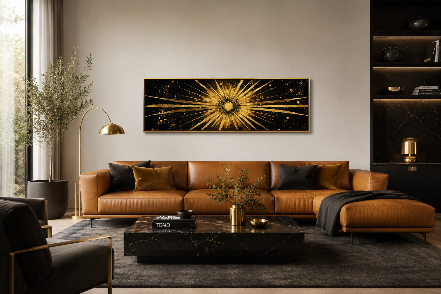 Gold Sun Wall Art – Black Gold Canvas | Long Horizontal Sunburst Abstract Painting