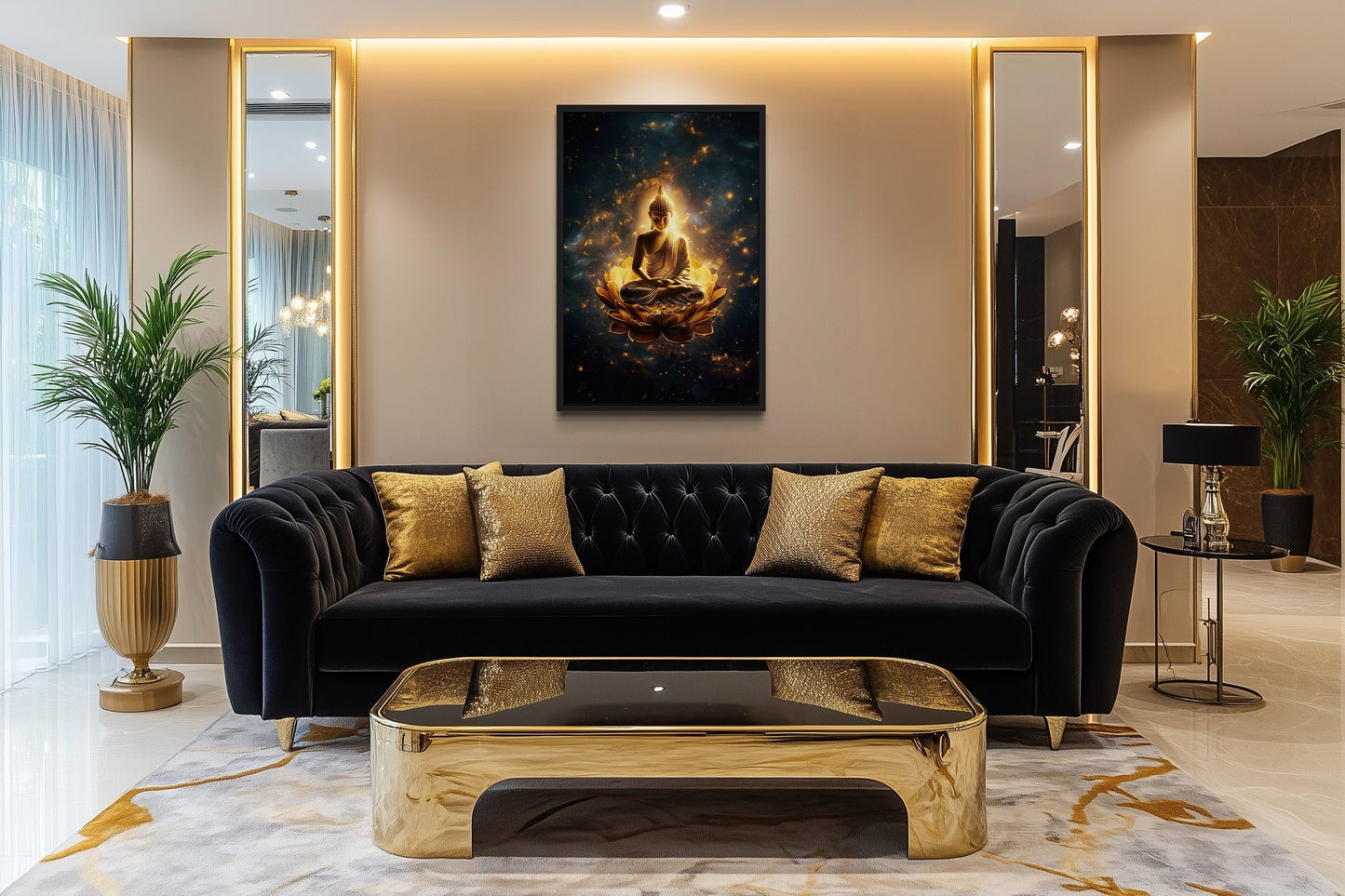 Golden Buddha With Lotus Flower Indian Framed Canvas Wall Art