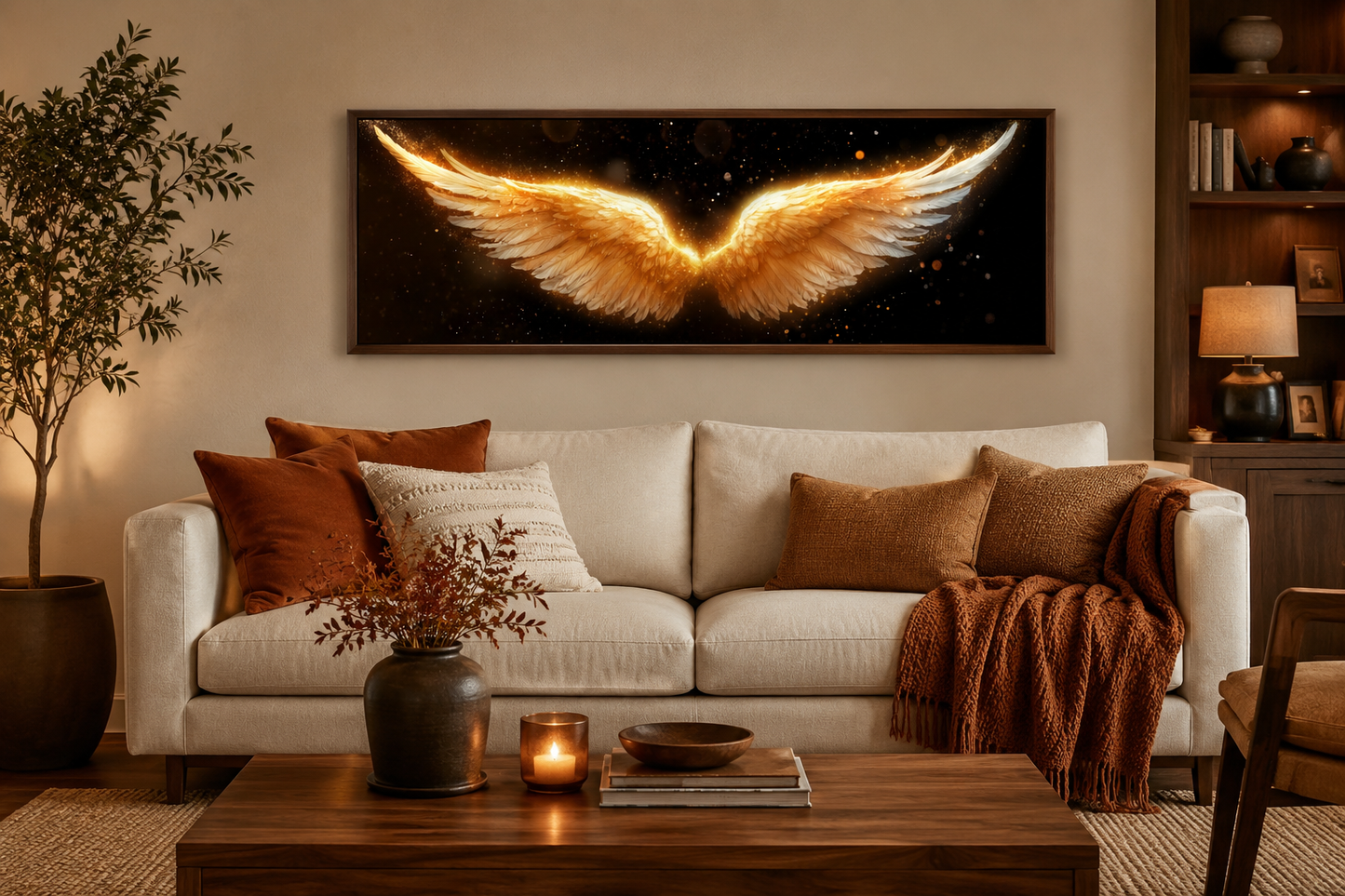 Golden Angel Wings Wall Art - Long Horizontal Canvas Print | Black Gold Bedroom Decor