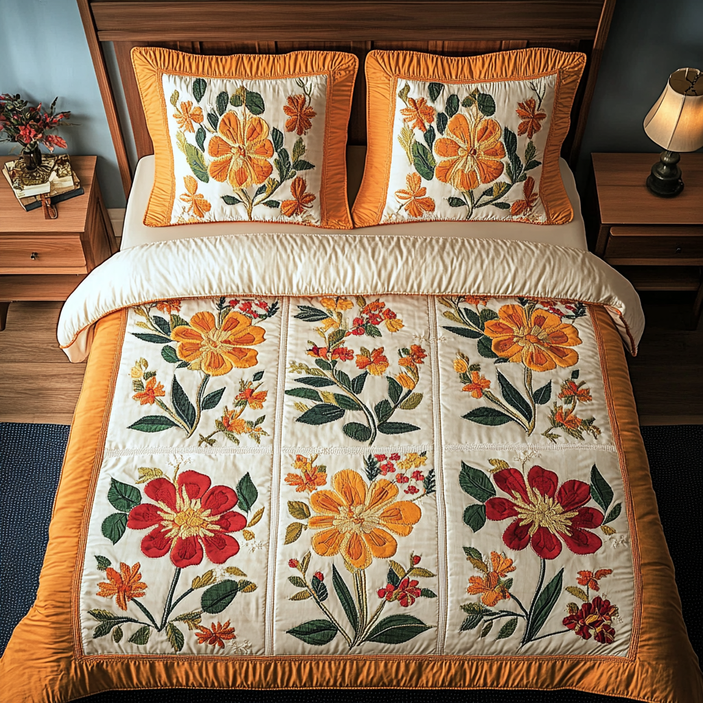 Golden Bloom 3-Piece Quilted Bedding Set - Single (59" x 70")