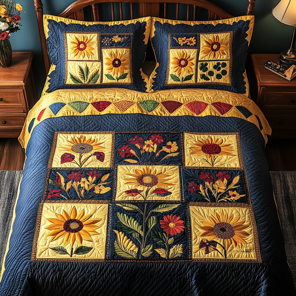 Golden Bloom 3-Piece Quilted Bedding Set - Single (59" x 70")
