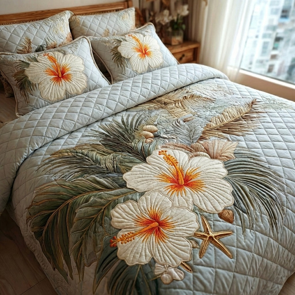 Golden Hibiscus 3-Piece Quilted Bedding Set - Single (59" x 70")