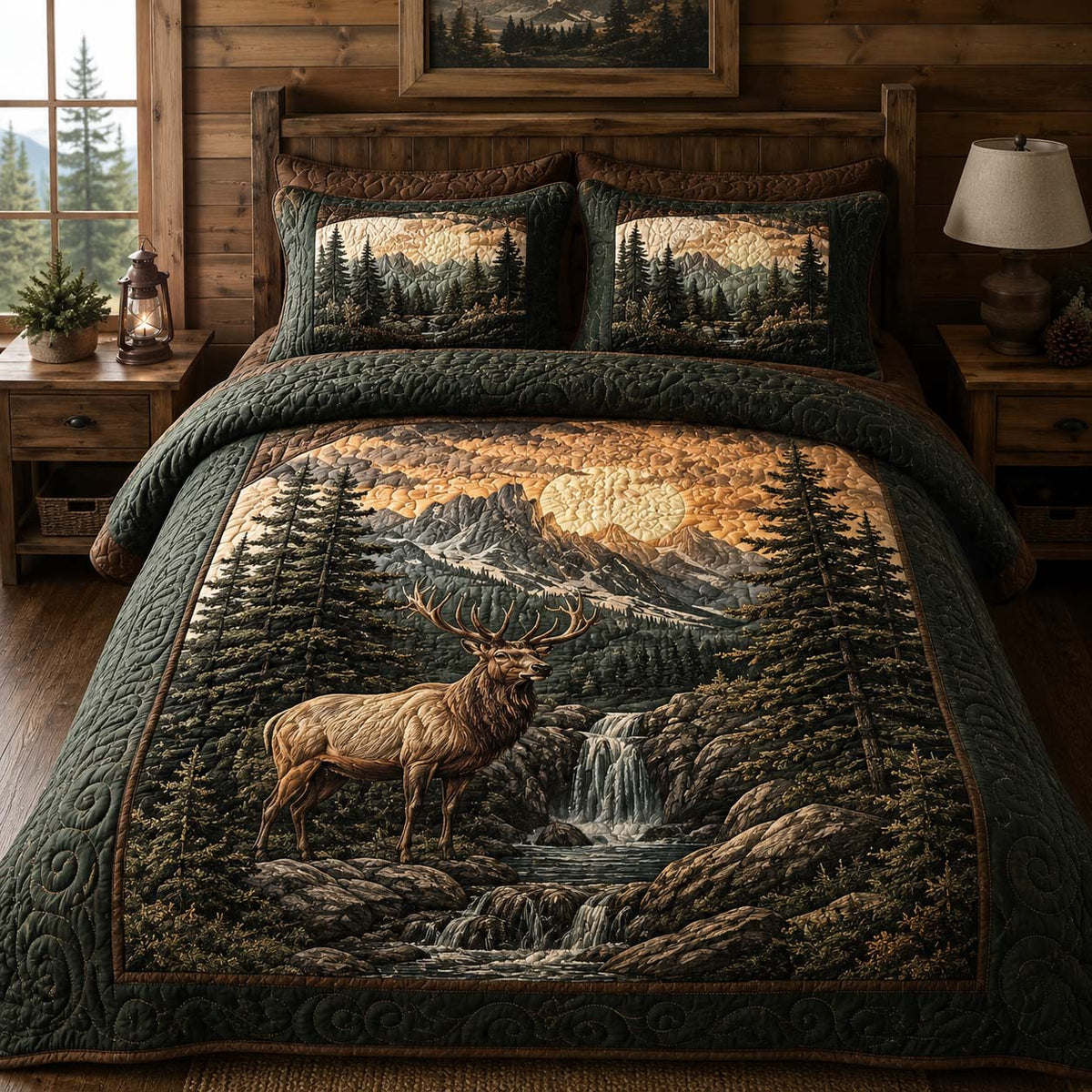 Golden Hour Elk 3-Piece Quilted Bedding Set - Single (59" x 70")