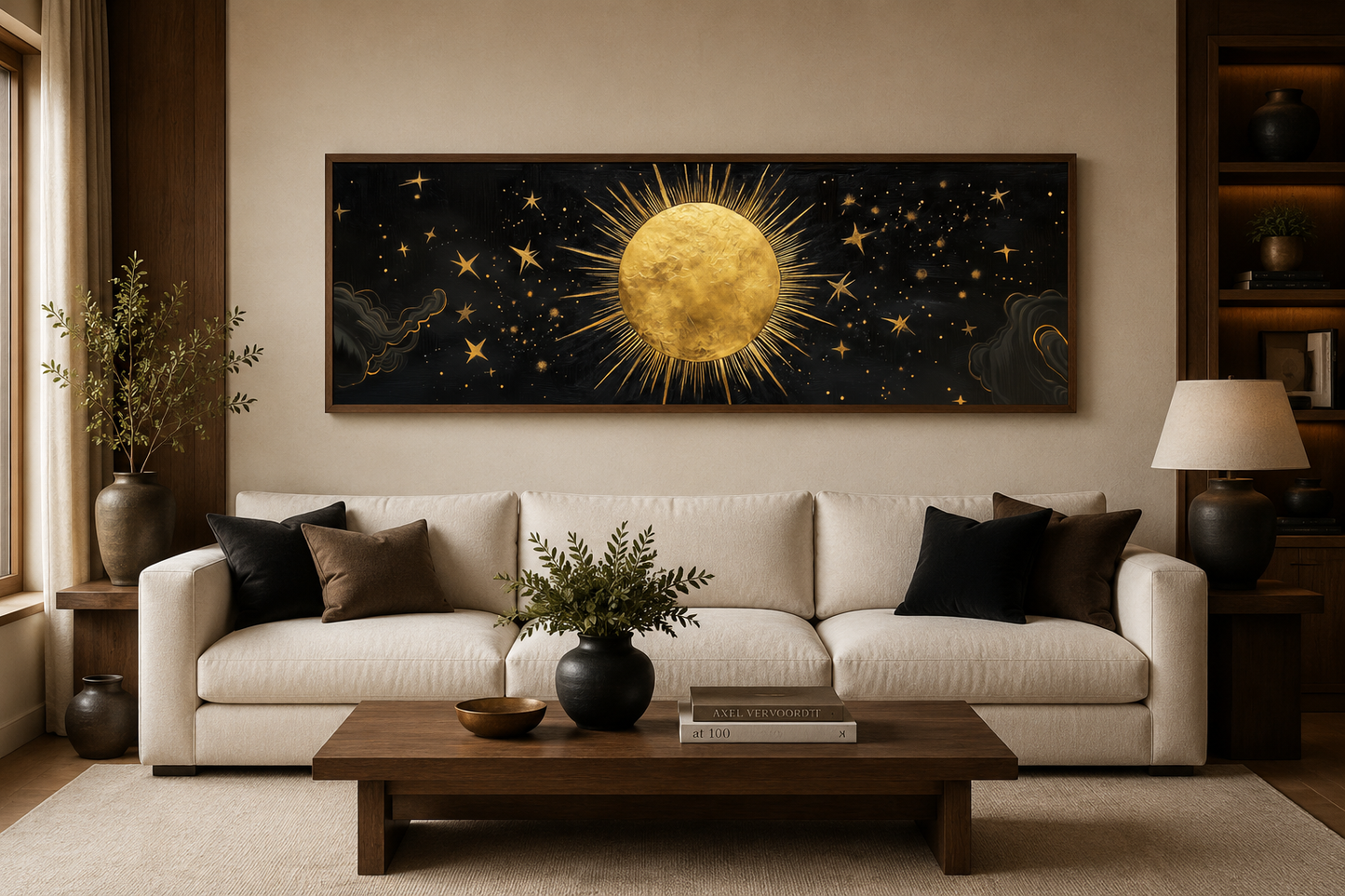 Golden Sun and Stars Black Gold Long Horizontal Canvas Wall Art