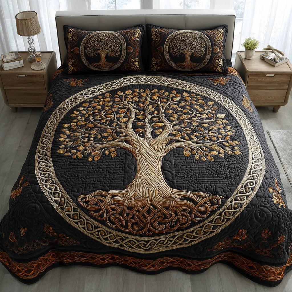 Golden Tree of Life 3-Piece Quilted Bedding Set - Single (59" x 70")