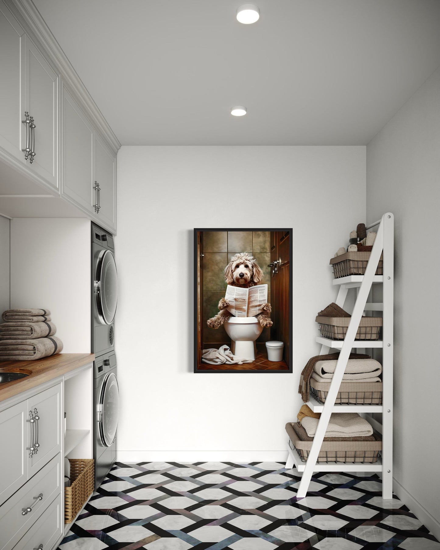 Goldendoodle Dog On The Toilet Reading Newspaper Picture Canvas Wall Art