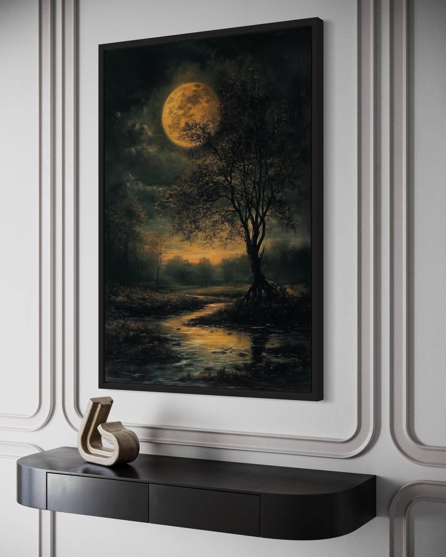 Gothic Full Moon Over Forest – Spooky Tree and Reflecting Water Landscape Halloween Wall Art