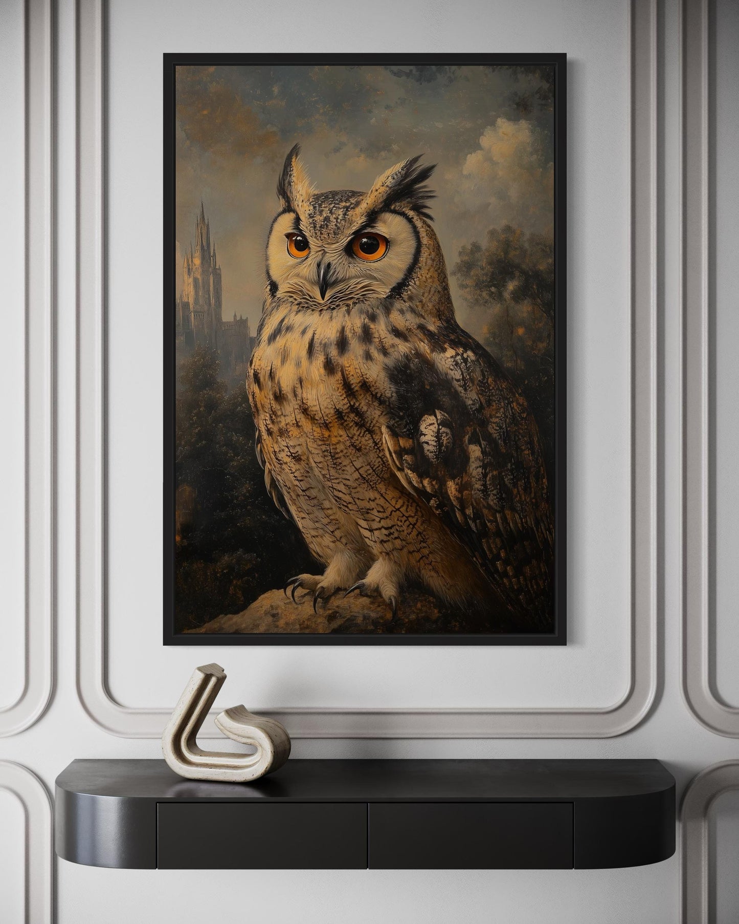Gothic Horned Owl With Orange Eyes in Spooky Forest Halloween Wall Art