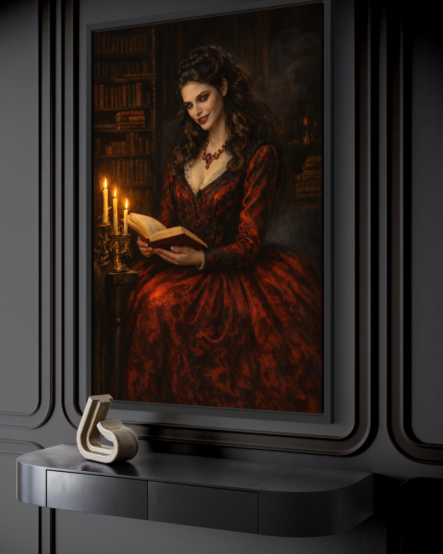 Gothic Vampire Queen Wall Art - Dark Academia Canvas Vampire Print | Victorian Library Decor