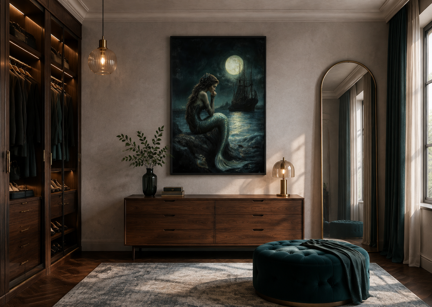Gothic Mermaid - Dark Ocean Fantasy with Full Moon and Pirate Ship Wall Art