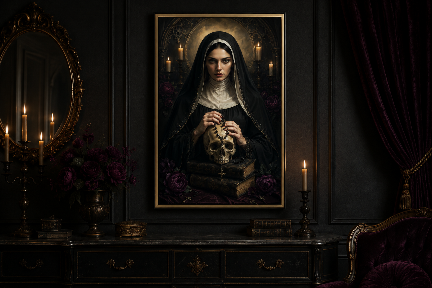 Gothic Nun With Skull Horror Canvas Wall Decor