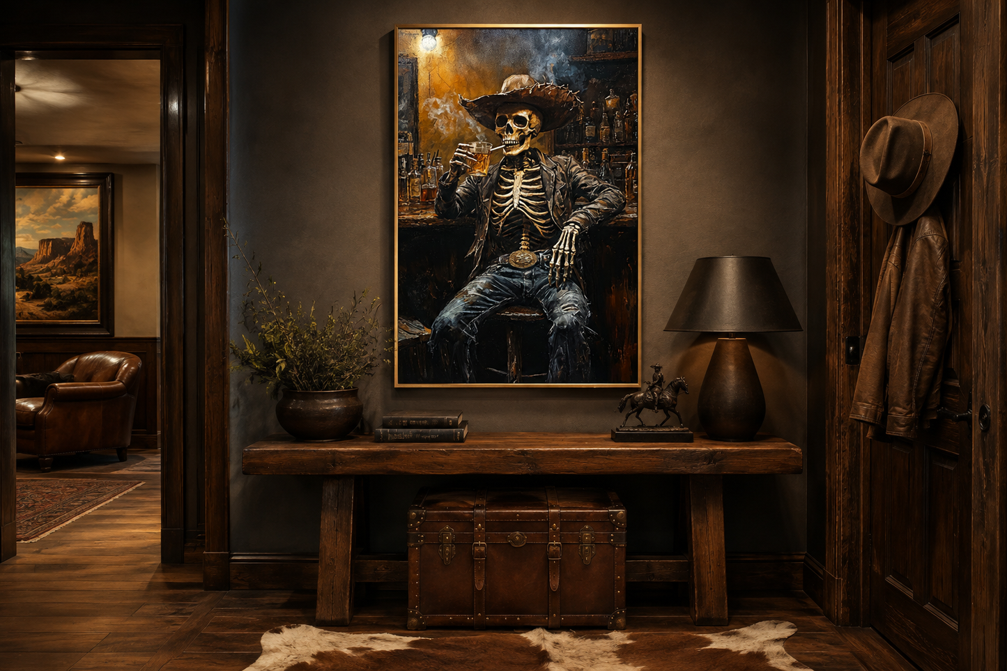 Graffiti Skeleton Cowboy In A Western Bar Smoking Cigar Drinking Beer Man Cave Wall Art