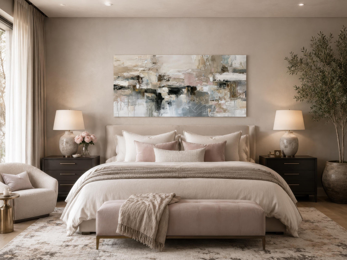 Gray Beige Blush Neutral Abstract Wall Art | Horizontal Canvas Print