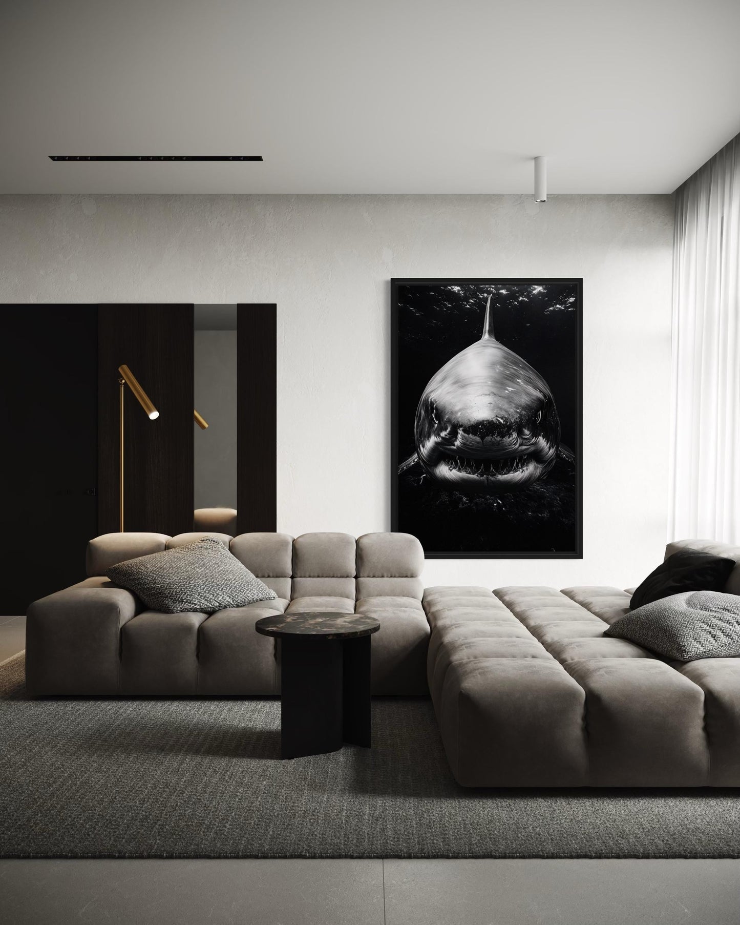Great White Shark Black And White Framed Canvas Wall Art
