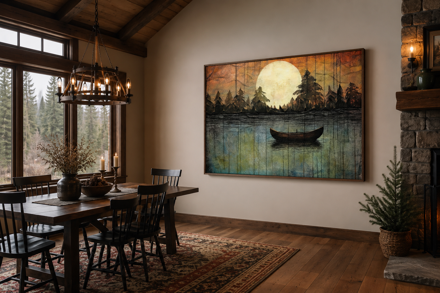Great Outdoors Nature Lake Moon Boat Framed Canvas Wall Art For Cabin Or Cottage Decor