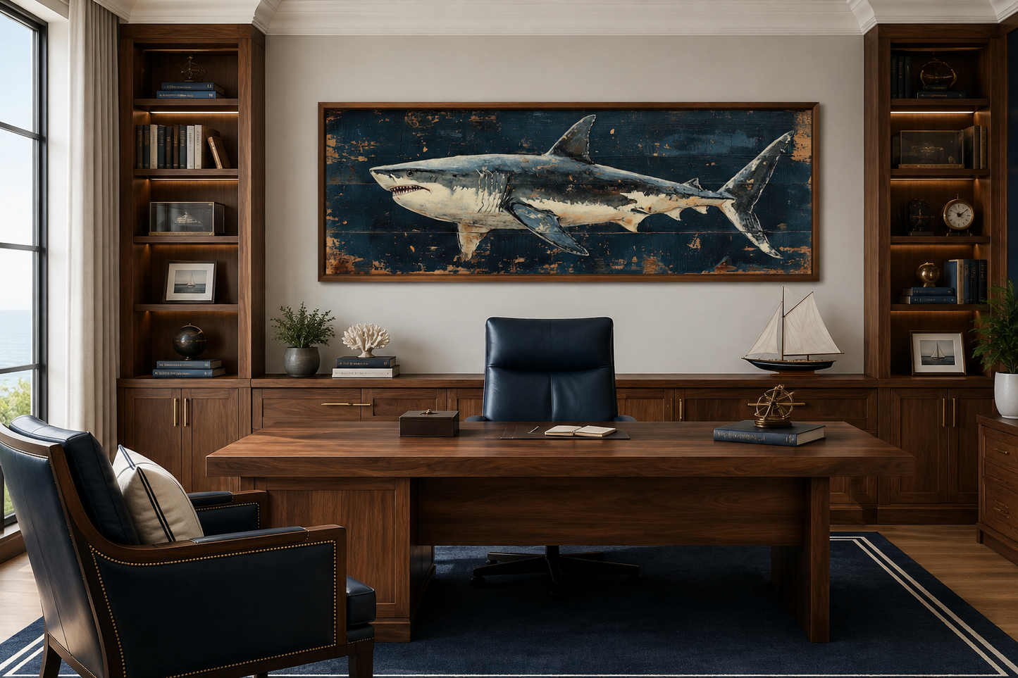 Great White Shark Long Horizontal Canvas Wall Art Above Men's Bed