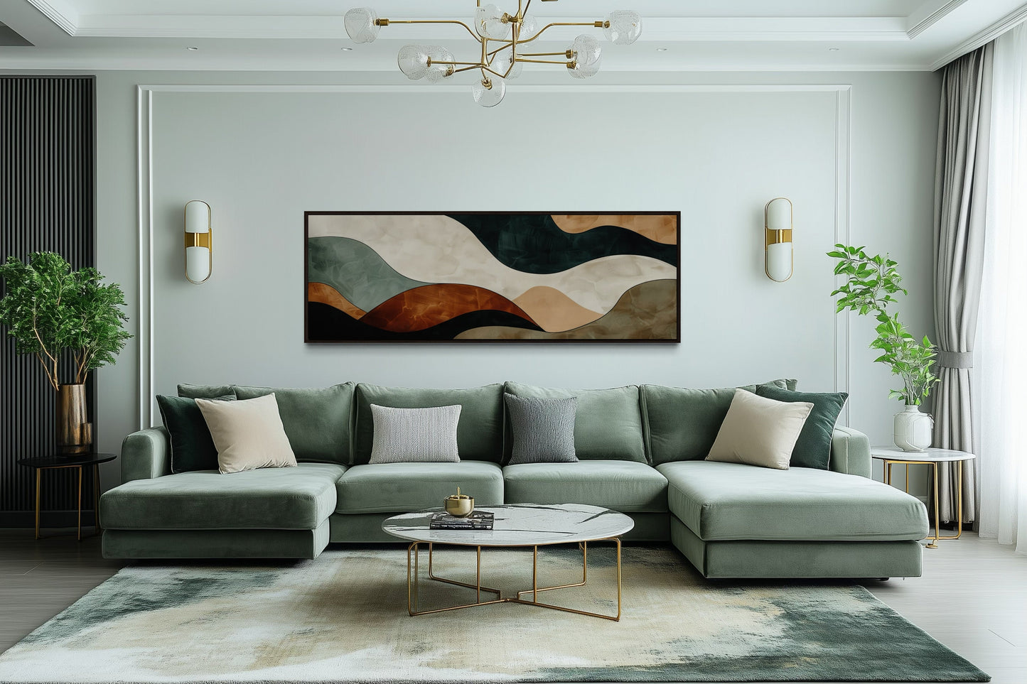 Green Brown Waves Modern Living Room Horizontal Canvas Wall Art