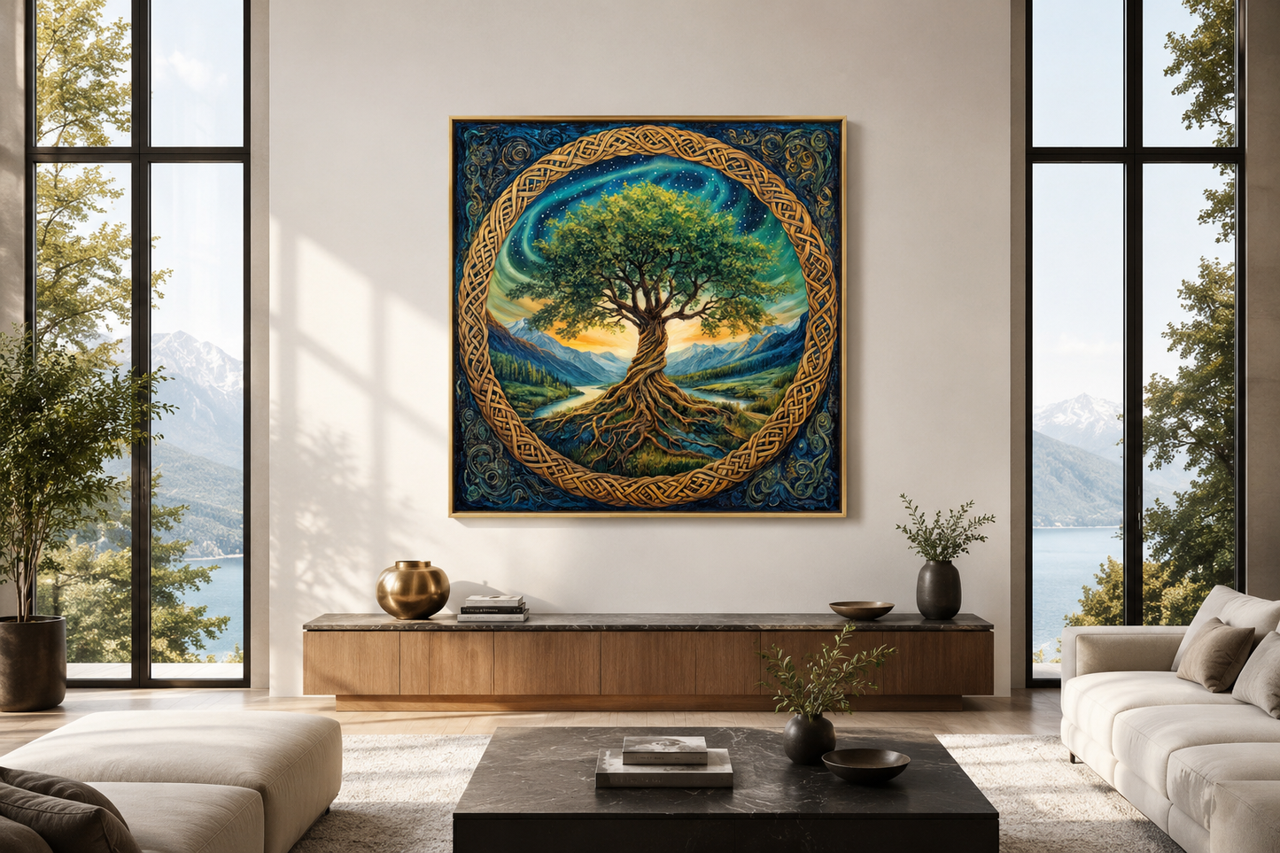 Green Celtic Tree Of Life Framed Canvas Wall Art