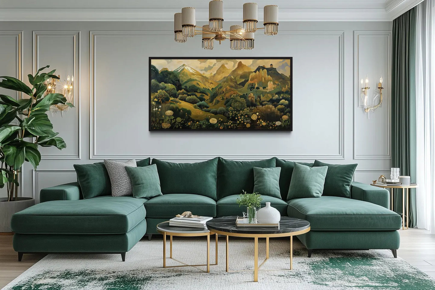 Green Gold Art Nouveau Floral Landscape Framed Canvas Wall Art