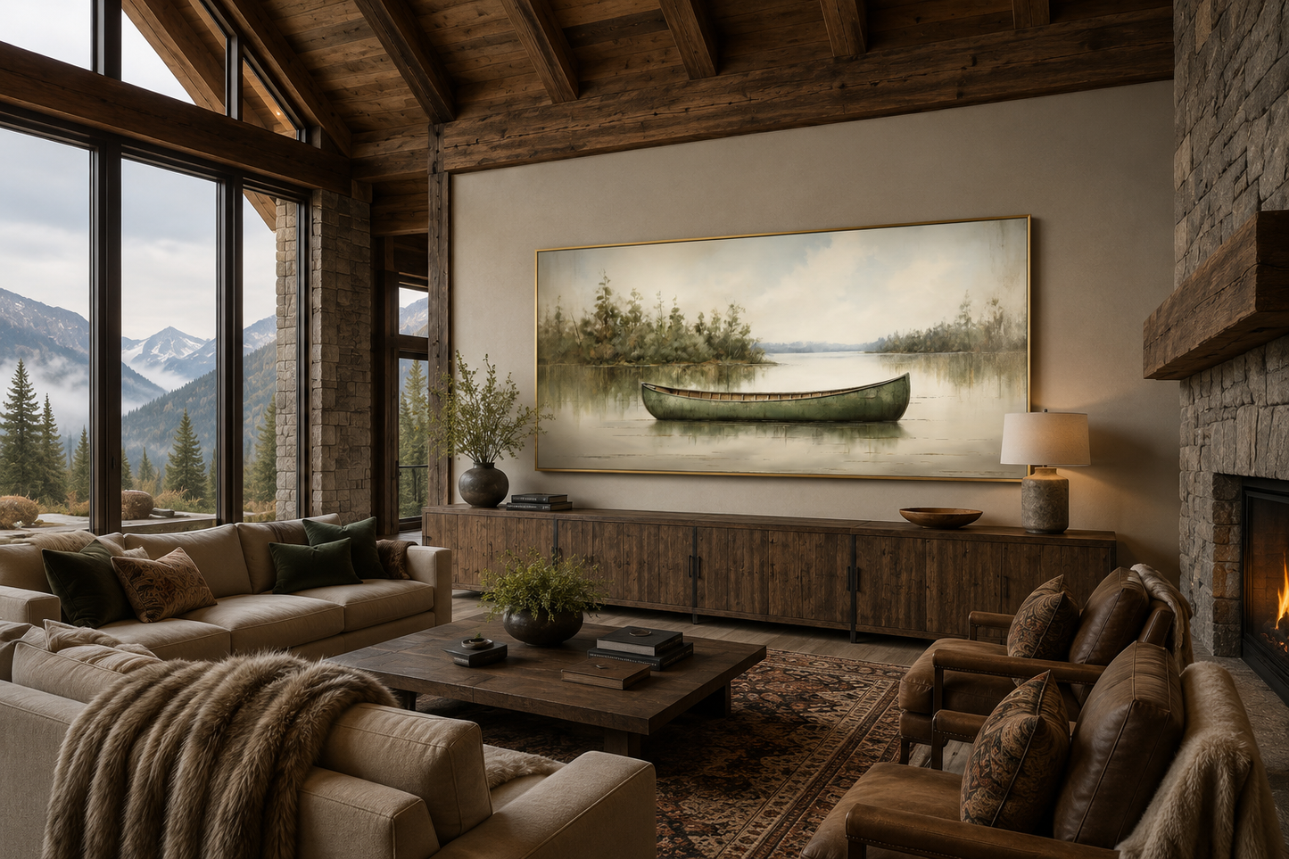 Green Canoe Wall Art – Rustic Cabin Decor | Framed Wood Canvas Painting