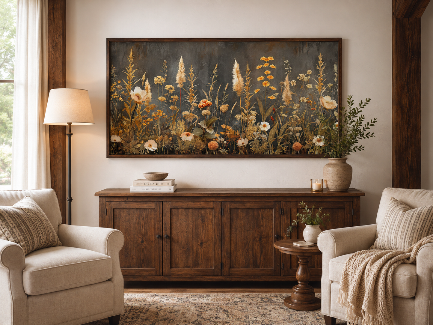 Grey Beige Grey Boho Wildflowers Field Framed Canvas Wall Art