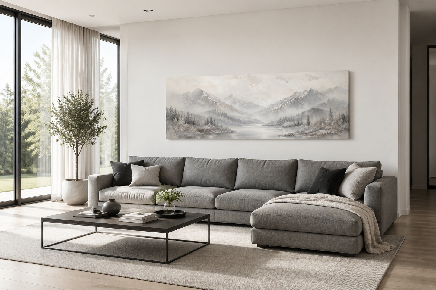 Minimalist Abstract Mountain Horizontal Grey Silver White Over Bed Wall Art