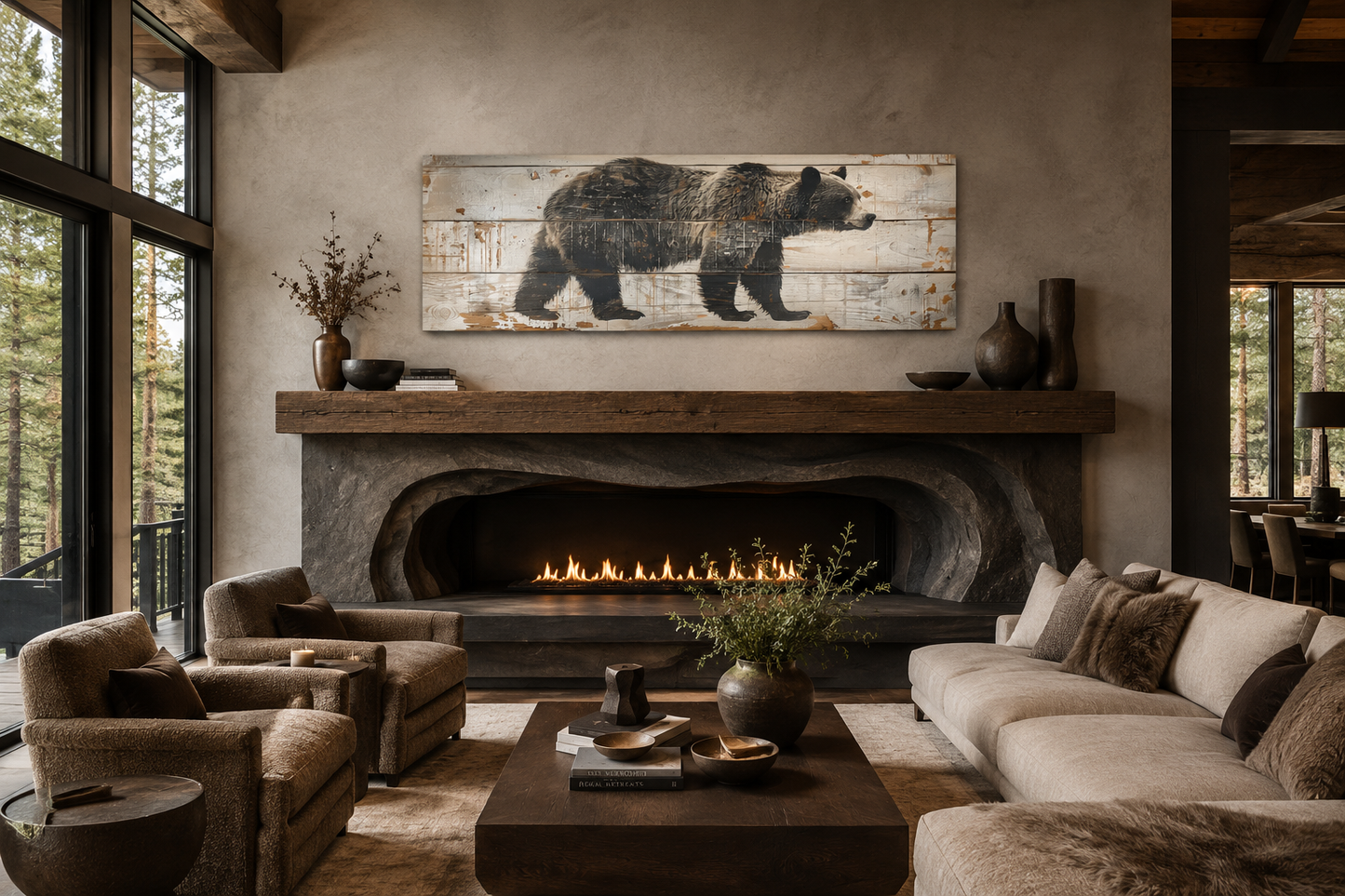 Bear Painted On Wood Long Horizontal Framed Canvas Wall Art For Cabin Decor