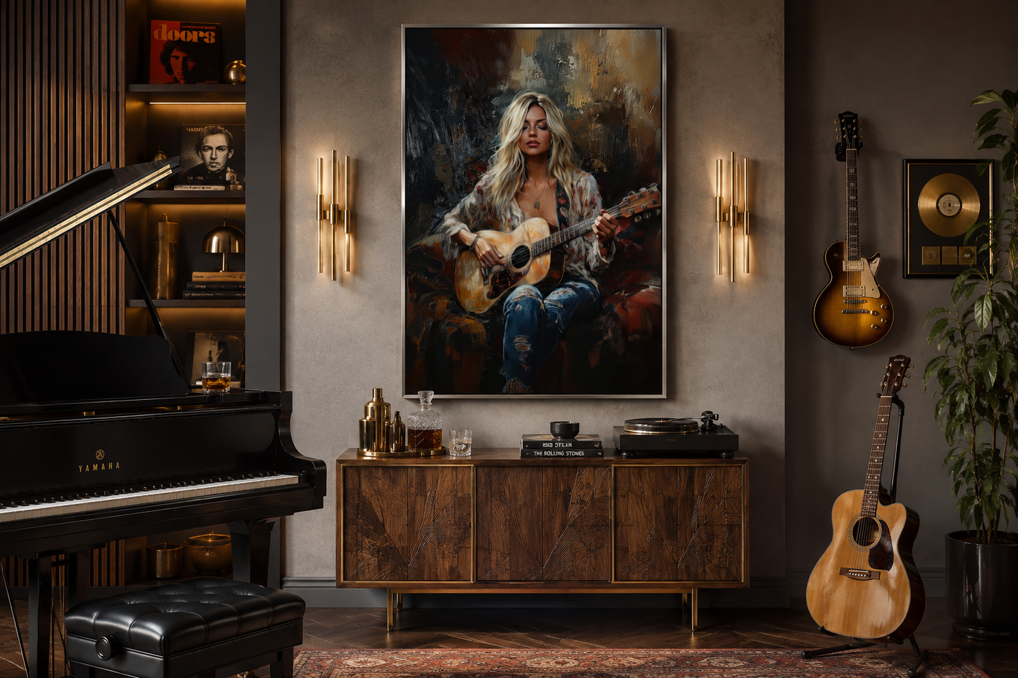 Beautiful Blonde Girl Playing Guitar Framed Canvas Wall Art Music Room Decor