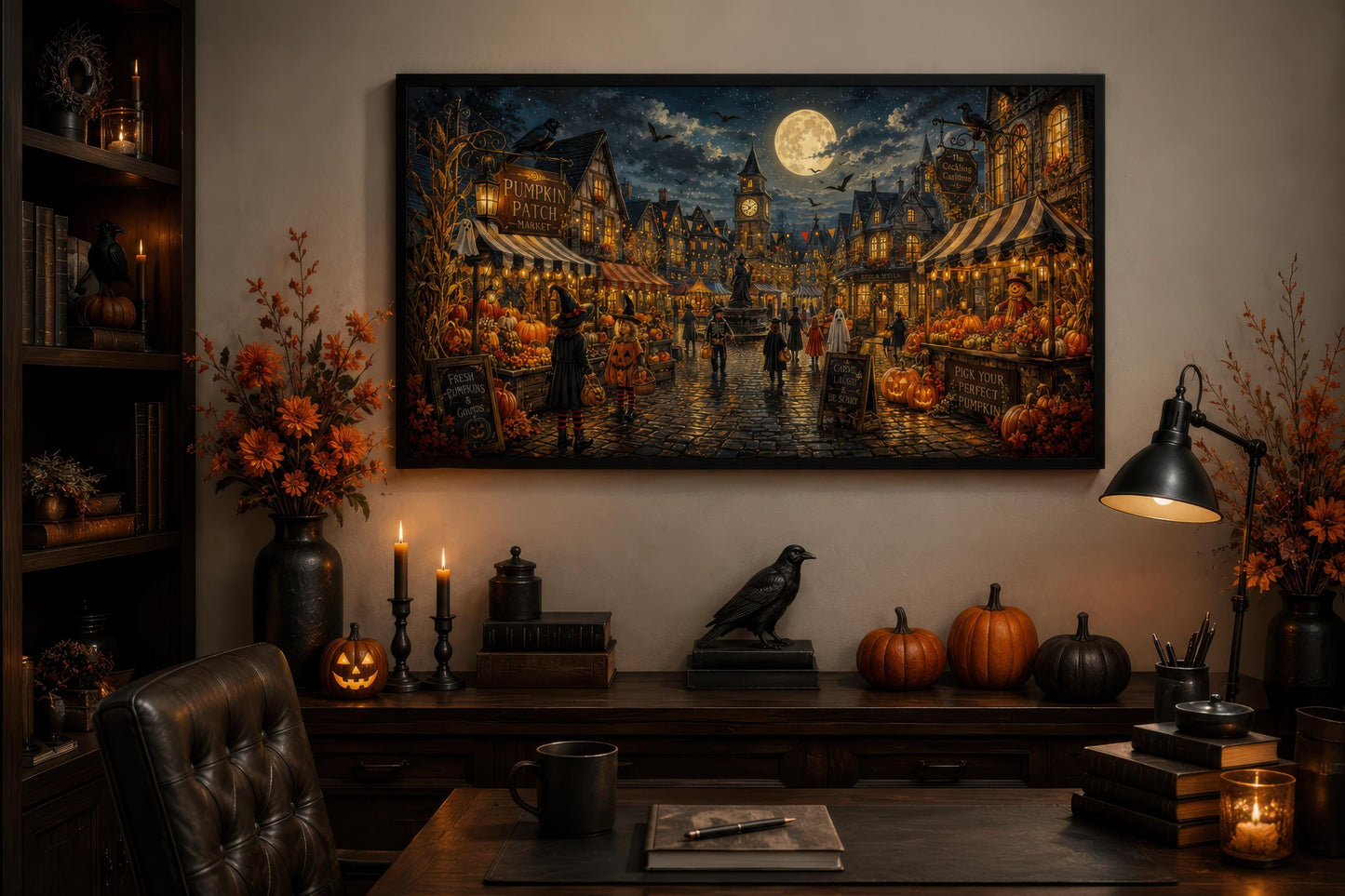 Halloween Village Wall Art - Trick O Treating Kids Canvas Print | Spooky Town Decor
