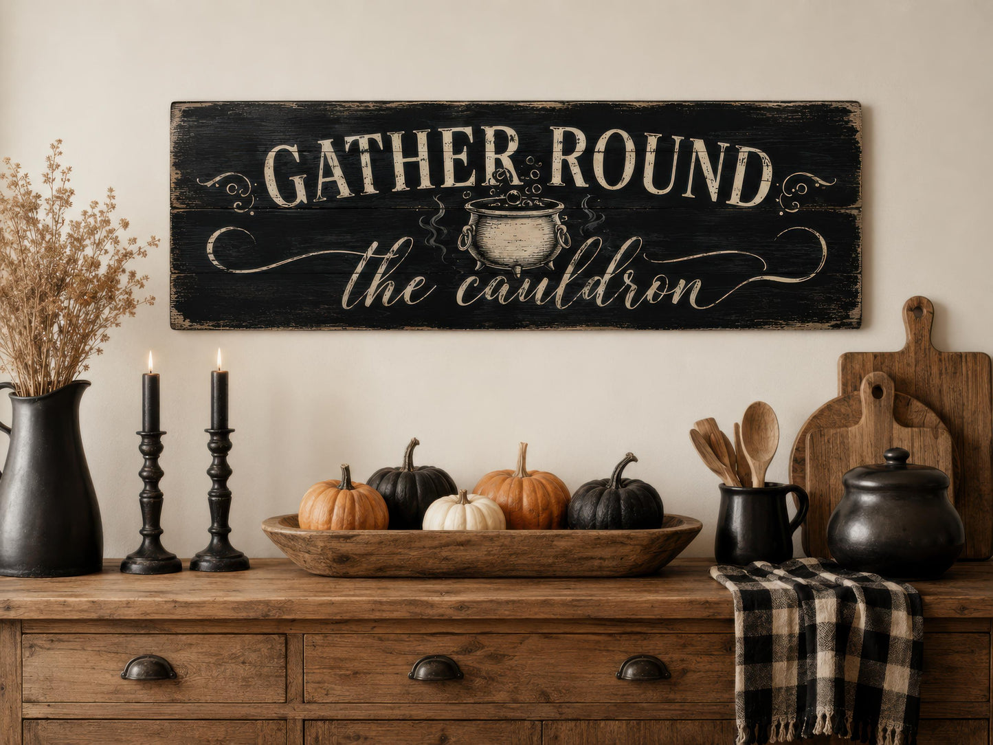 Halloween Wall Art - Gather Round Sign | Witchy Cauldron Wall Decor