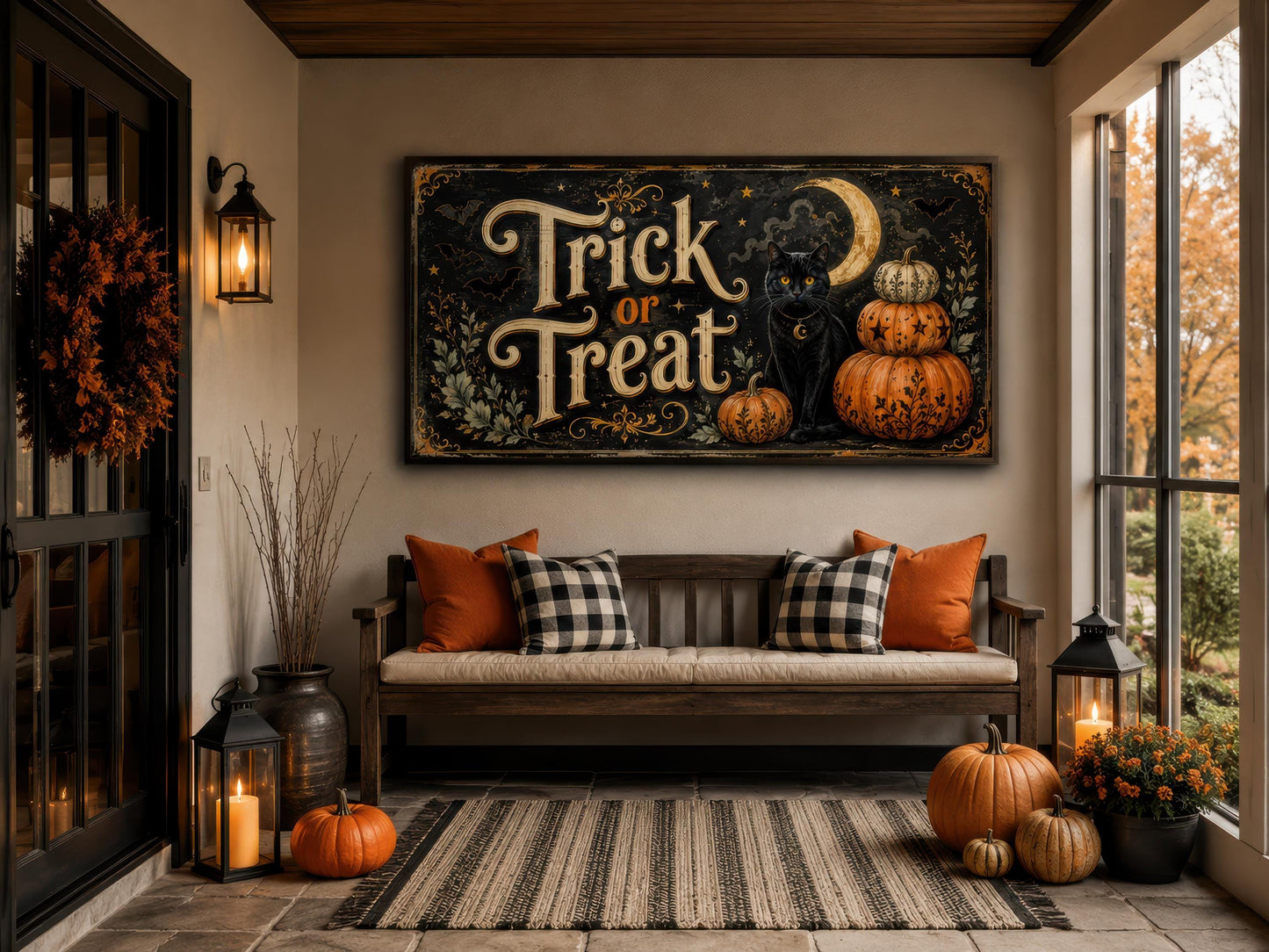 Halloween Wall Art - Vintage Trick Or Treat Sign With Black Cat Pumpkin Canvas Print