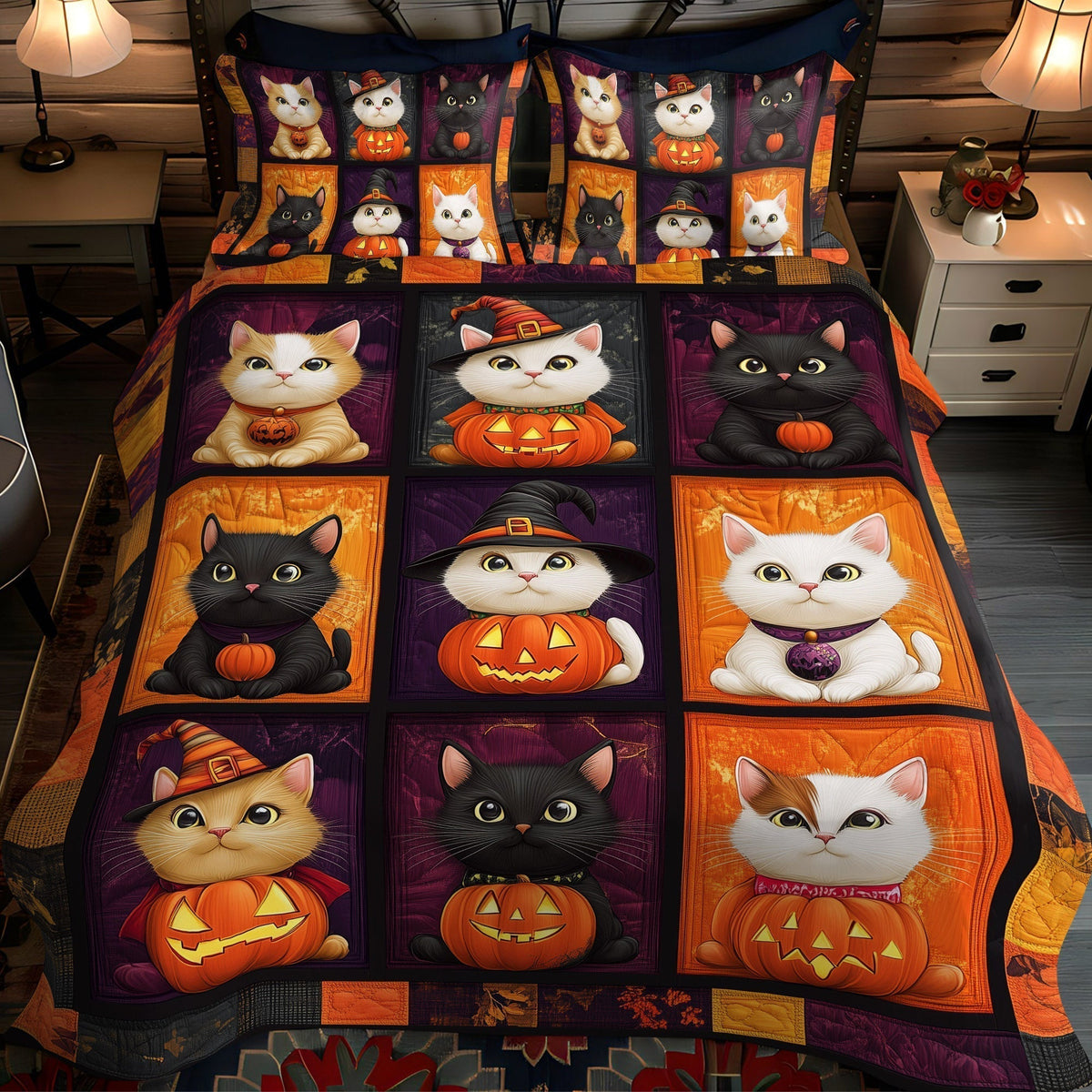 Halloween Cat 3-Piece Quilted Bedding Set - Single (59" x 70")