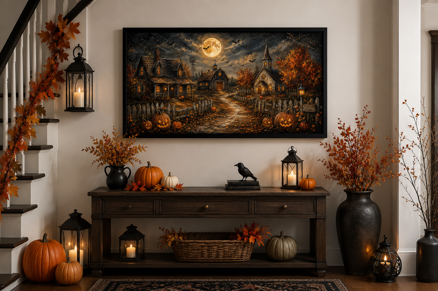 Halloween Farm Wall Art - Rustic Pumpkin Wall Decor With Full Moon & Bats